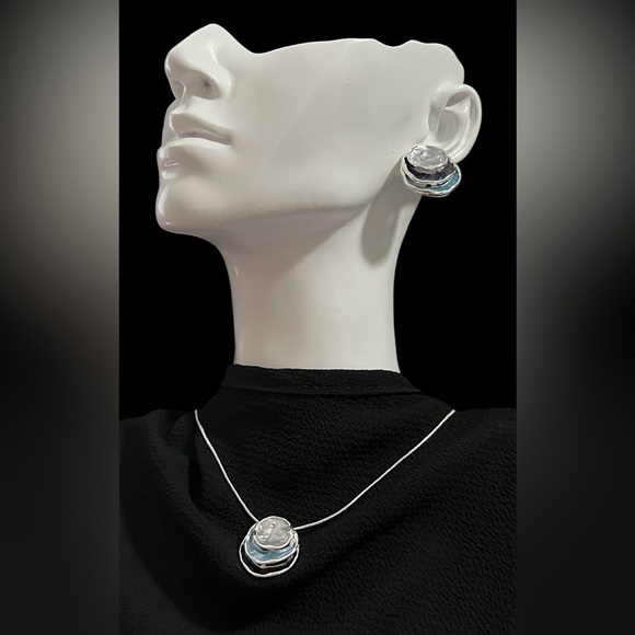 Three Layer Metal Silver Tone And Blue Necklace & Earring Set - Picture 1 of 3